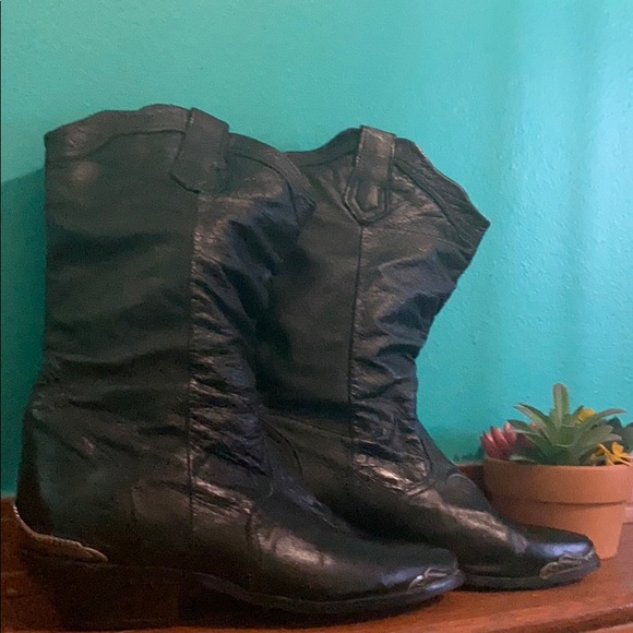 Maine Woods Black Leather Cowboy Boots Silver Heel - Picture 3 of 10